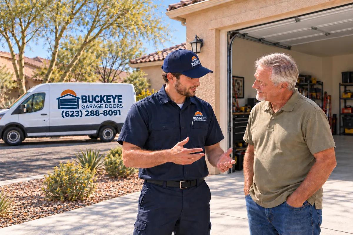A technician talking with a homeowner in a Buckeye driveway